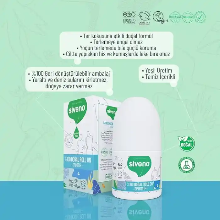 Siveno %100 Doğal Roll-On Sportif Sporcu Deodorant Ter Kokusu Önleyici Bitkisel Lekesiz Vegan 50 ml