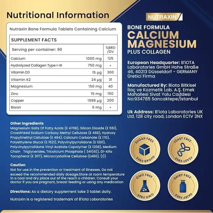 Nutraxin Bone Formula Calcium Magnesium + Collagen – 90 Tablet: Tip I Kolajen, Kalsiyum, D Vitamini, Magnezyum, Çinko & Bakır İçeren Takviye