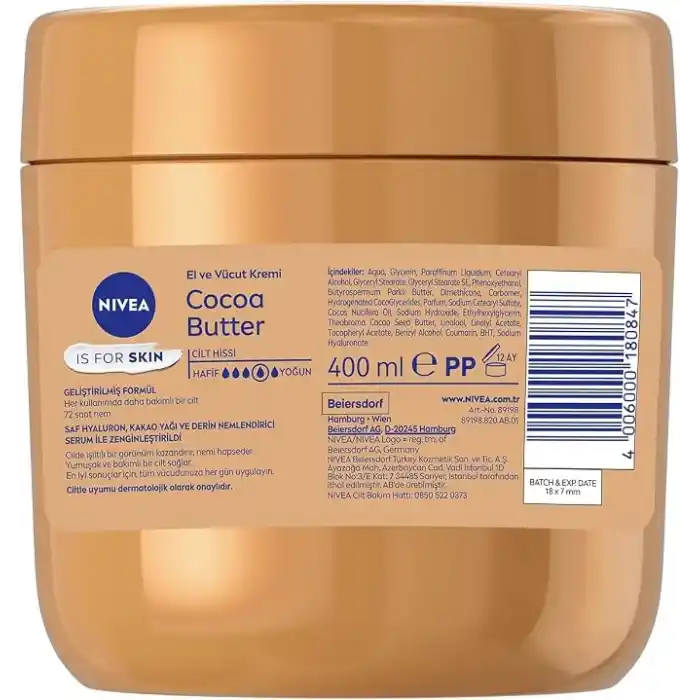 NIVEA Nemlendirici El ve Vücut Bakım Kremi Cocoa Butter 400 ml,72 Saat Nemlendirici,Kakao Yağı,E Vitamini,Kakao Kokusu