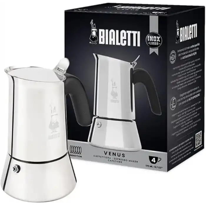 Bialetti - Venus: 4 Cups Ocak Üstü Espresso Pişirici - 170ml - Gümüş Renk - Paslanmaz Çelik Gövde - Patentli Güvenlik Valfi - Tüm Ocak Türleri İçin Uygundur (İndüksiyon Dahil)