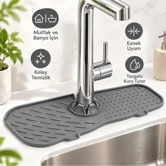 Deinhaus Su Tutucu Musluk Matı, Gri Plastik 25 x 10 cm, Yıkanabilir Lavabo Batarya Altlığı, Mutfak ve Banyo Tezgâh Koruyucu Mat
