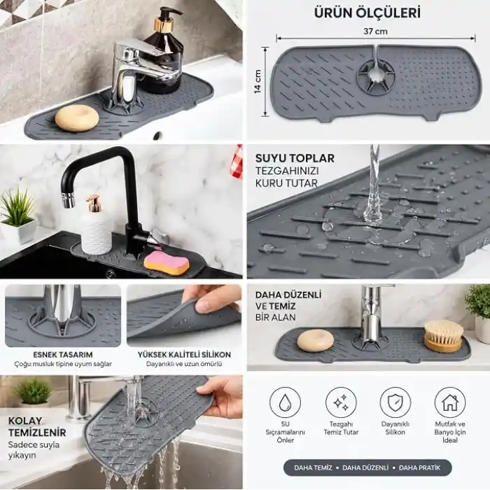 Deinhaus Su Tutucu Musluk Matı, Gri Plastik 25 x 10 cm, Yıkanabilir Lavabo Batarya Altlığı, Mutfak ve Banyo Tezgâh Koruyucu Mat