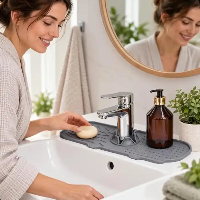 Deinhaus Su Tutucu Musluk Matı, Gri Plastik 25 x 10 cm, Yıkanabilir Lavabo Batarya Altlığı, Mutfak ve Banyo Tezgâh Koruyucu Mat