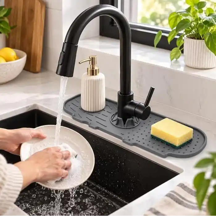 Deinhaus Su Tutucu Musluk Matı, Gri Plastik 25 x 10 cm, Yıkanabilir Lavabo Batarya Altlığı, Mutfak ve Banyo Tezgâh Koruyucu Mat
