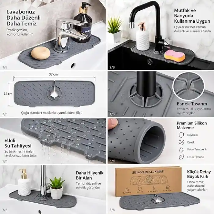 Deinhaus Su Tutucu Musluk Matı, Gri Plastik 25 x 10 cm, Yıkanabilir Lavabo Batarya Altlığı, Mutfak ve Banyo Tezgâh Koruyucu Mat