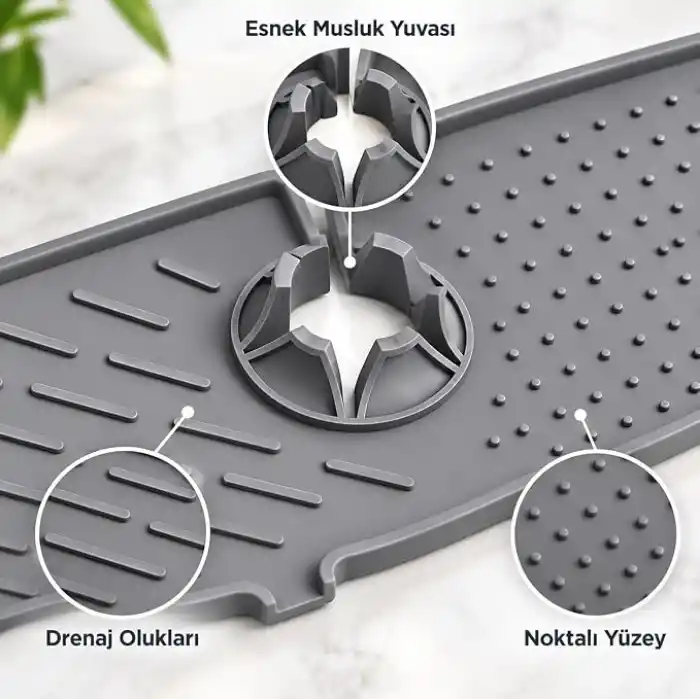 Deinhaus Su Tutucu Musluk Matı, Gri Plastik 25 x 10 cm, Yıkanabilir Lavabo Batarya Altlığı, Mutfak ve Banyo Tezgâh Koruyucu Mat