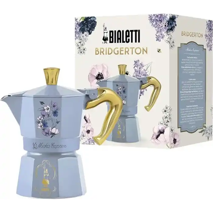 Bialetti - Moka Express Bridgerton: 3 Cups Ocak Üstü Espresso Pişirici - 130ml - Mavi Renk - Alüminyum Gövde - Patentli Güvenlik Valfi - Tüm Ocak Türleri İçin Uygundur (İndüksiyon Hariç)