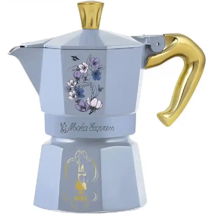 Bialetti - Moka Express Bridgerton: 3 Cups Ocak Üstü Espresso Pişirici - 130ml - Mavi Renk - Alüminyum Gövde - Patentli Güvenlik Valfi - Tüm Ocak Türleri İçin Uygundur (İndüksiyon Hariç)