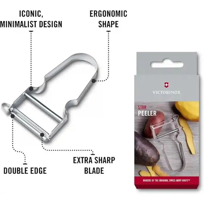 Victorinox Star tasarruflu soyucu, patates soyucu, iki bıçaklı, sarkaç bıçaklı, ekstra keskin, metal sap, İsviçre yapımı