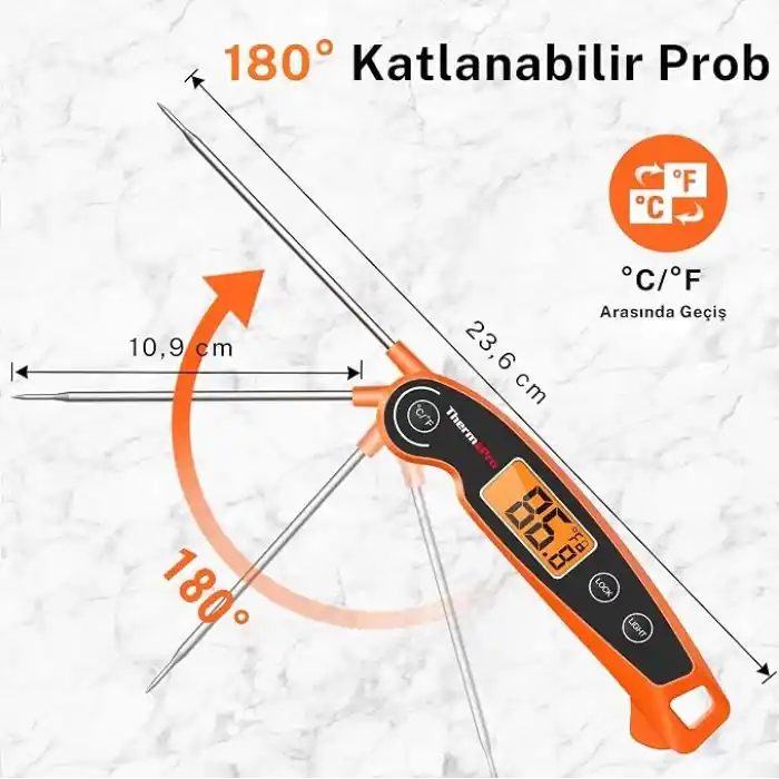 ThermoPro TP605W IPX6 Su Geçirmez, Katlanabilir Problu ve Arkadan Aydınlatmalı Ekranlı Anında Okunan Dijital Et ve Gıda Termometresi