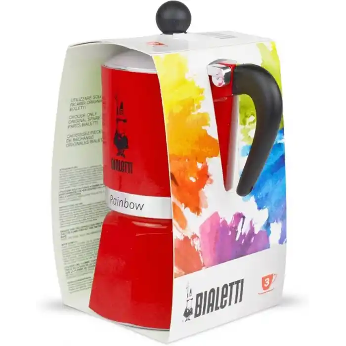 Bialetti - Rainbow: 3 Cups Ocak Üstü Espresso Pişirici - 130ml - Kırmızı Renk - Alüminyum Gövde - Patentli Güvenlik Valfi - Tüm Ocak Türleri İçin Uygundur (İndüksiyon Hariç)