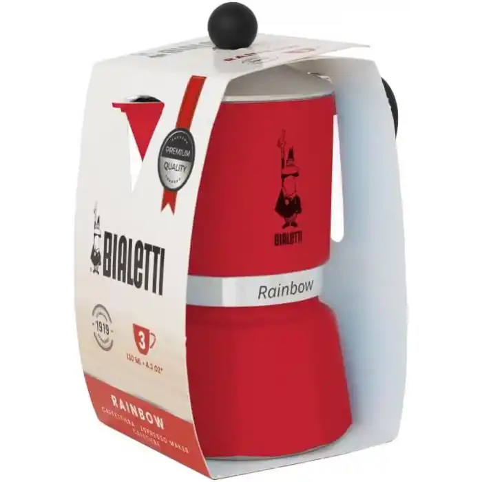 Bialetti - Rainbow: 3 Cups Ocak Üstü Espresso Pişirici - 130ml - Kırmızı Renk - Alüminyum Gövde - Patentli Güvenlik Valfi - Tüm Ocak Türleri İçin Uygundur (İndüksiyon Hariç)