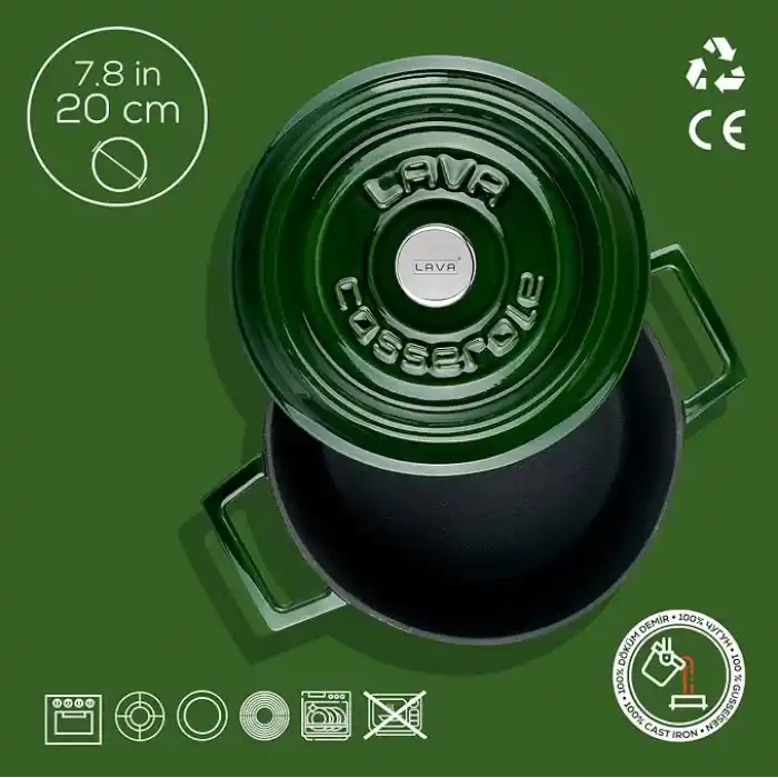 Lava Premium Serisi - Döküm Yuvarlak Tencere, 20 cm, Majolik Yeşil