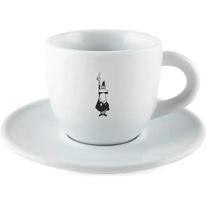Bialetti - Moka Kahve Fincanı ve Tabağı - 80mL - Bialetti İkonik Bıyıklı Adam Desenli - Porselen