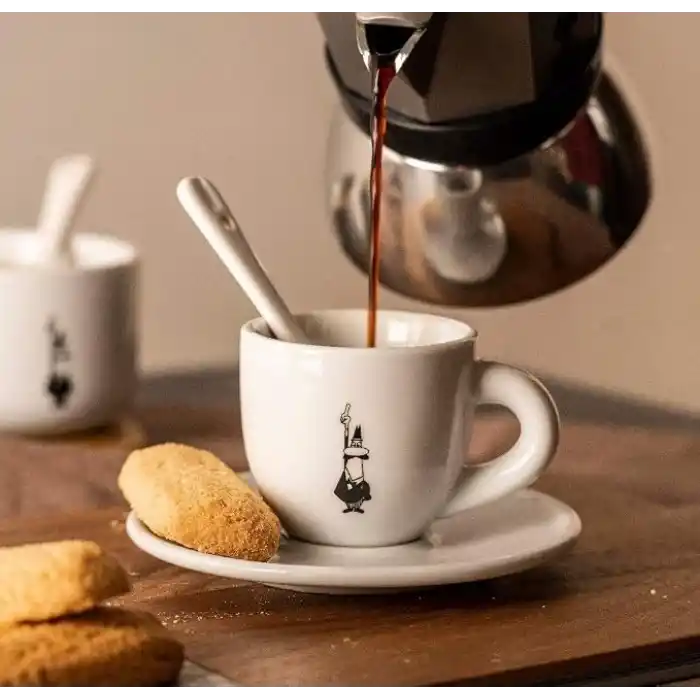 Bialetti - Moka Kahve Fincanı ve Tabağı - 80mL - Bialetti İkonik Bıyıklı Adam Desenli - Porselen