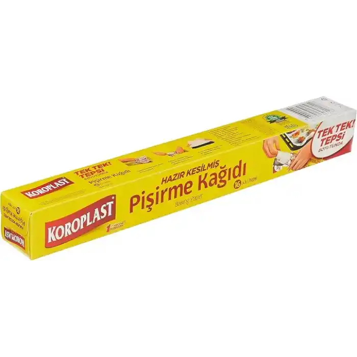 Koroplast Hazır Kesilmiş Pişirme Kağıdı 16 adet 42x37 cm, Helal Sertifikalı BPA İçermez, Fırında Tavuk, Et, Tatlı, Börek Pişirmek için Yüksek Isıya Dayanıklı Hazır Fırın Pişirme Kağıdı Yapışmaz Yanmaz