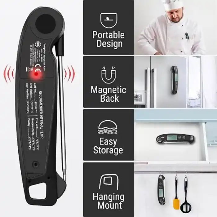 ThermoPro TP605 IPX6 Su Geçirmez, Arkadan Aydınlatmalı ve Kalibrasyonlu Anında Okunan Dijital Et ve Gıda Termometresi (Siyah)