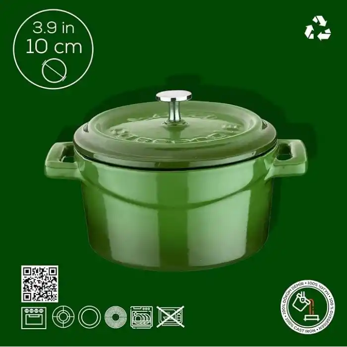 Lava Metal Döküm Mini Tencere, 10 cm, 0.35 L Hacim, Yeşil
