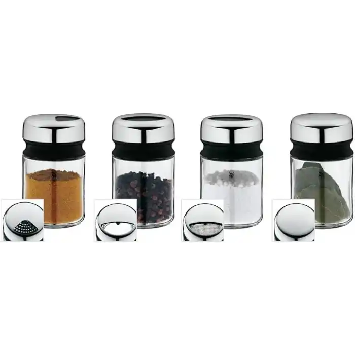 WMF 4 Parça Baharatlık Seti, 100 ml, Cam Baharat Kavanozu, Cromargan® Yüksek Kaliteli Paslanmaz Çelik Kapaklı, Bulaşık Makinesinde Yıkanabilir