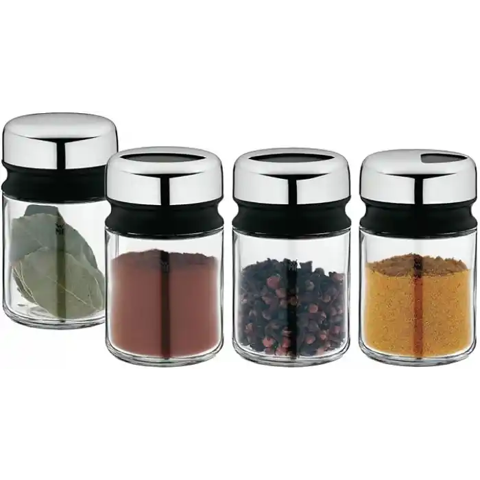 WMF 4 Parça Baharatlık Seti, 100 ml, Cam Baharat Kavanozu, Cromargan® Yüksek Kaliteli Paslanmaz Çelik Kapaklı, Bulaşık Makinesinde Yıkanabilir