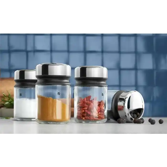 WMF 4 Parça Baharatlık Seti, 100 ml, Cam Baharat Kavanozu, Cromargan® Yüksek Kaliteli Paslanmaz Çelik Kapaklı, Bulaşık Makinesinde Yıkanabilir