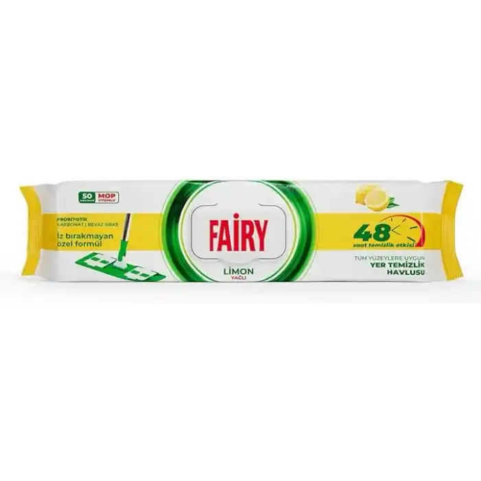 Fairy Çok Amaçlı Mop Uyumlu Yer Temizlik Havlusu 50 Yaprak | Limon Yağlı | Beyaz Sirke Karbonat | 48 Saat Temizlik Etkili | İz Bırakmayan Formül