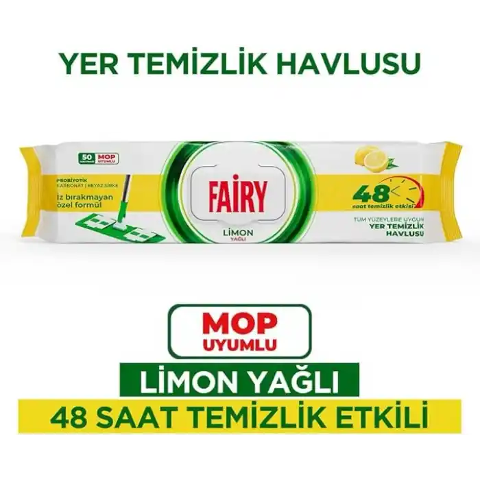 Fairy Çok Amaçlı Mop Uyumlu Yer Temizlik Havlusu 50 Yaprak | Limon Yağlı | Beyaz Sirke Karbonat | 48 Saat Temizlik Etkili | İz Bırakmayan Formül