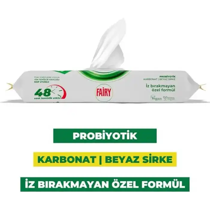 Fairy Çok Amaçlı Mop Uyumlu Yer Temizlik Havlusu 50 Yaprak | Limon Yağlı | Beyaz Sirke Karbonat | 48 Saat Temizlik Etkili | İz Bırakmayan Formül