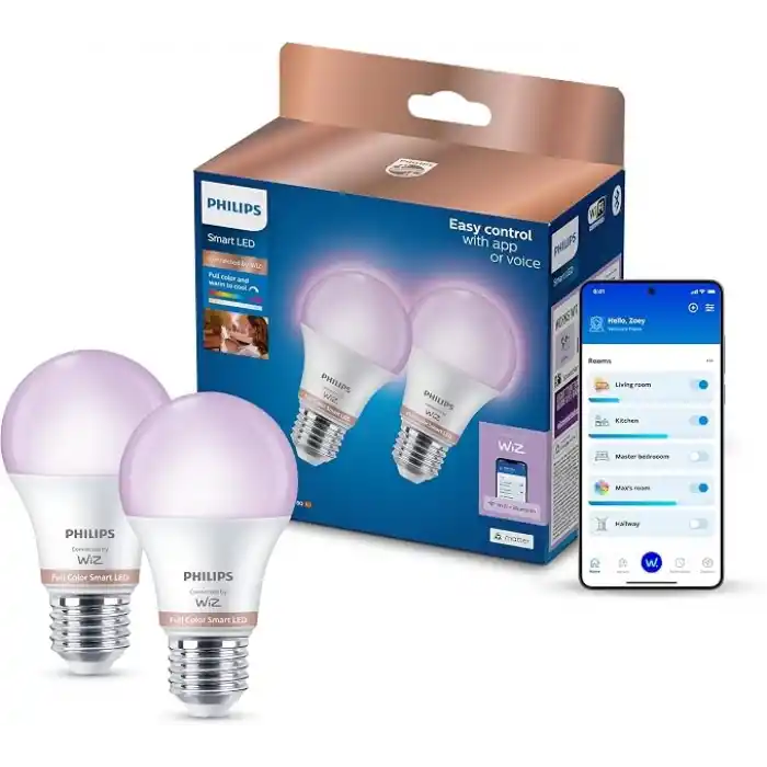 Philips Smart Lighting LED Ampul A60 E27 60W Eşdeğer RGB 2li Paket - Google Home, Alexa, HomeKit ve Matter uyumlu
