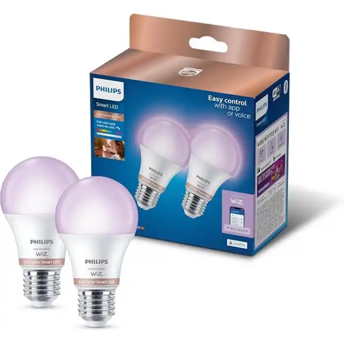 Philips Smart Lighting LED Ampul A60 E27 60W Eşdeğer RGB 2li Paket - Google Home, Alexa, HomeKit ve Matter uyumlu