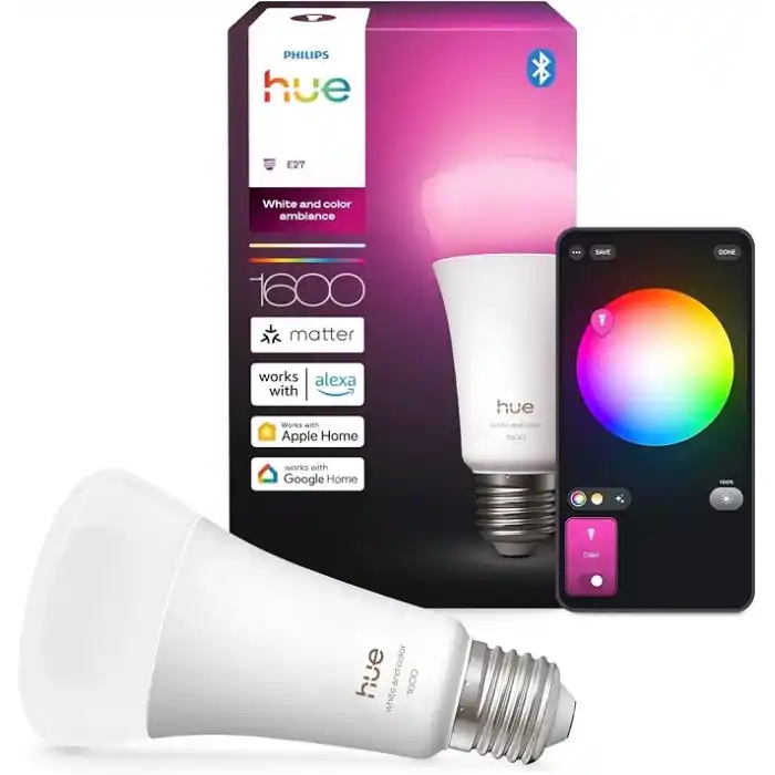Philips Hue LED A67 lamba, beyaz ve renkli ambiyans, E27 duy, 11,8 W, tam spektrumlu ışık 1000 K-20000 K, 1600 lümen, kısılabilir, Alexa, Google Assistant ve Apple Home ile uyumlu, tekli paket