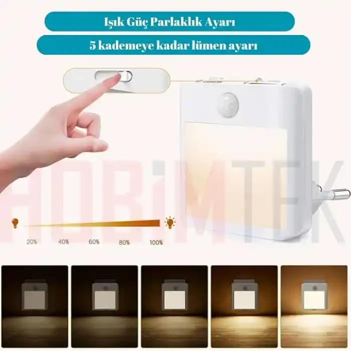 Akıllı Hareket Sensörlü LED Gece Lambası 2700K Fişe Takılan Hareket Sensörlü Güç Ayarlı Led Işık L001