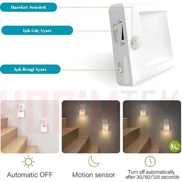Akıllı Hareket Sensörlü LED Gece Lambası 2700K Fişe Takılan Hareket Sensörlü Güç Ayarlı Led Işık L001