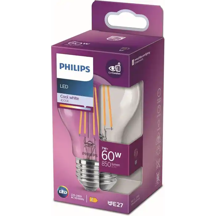 Philips LED Classic 60W A60 Filament Ampul, 4000K Soğuk Beyaz, E27 Normal Duy, Dim Edilmez