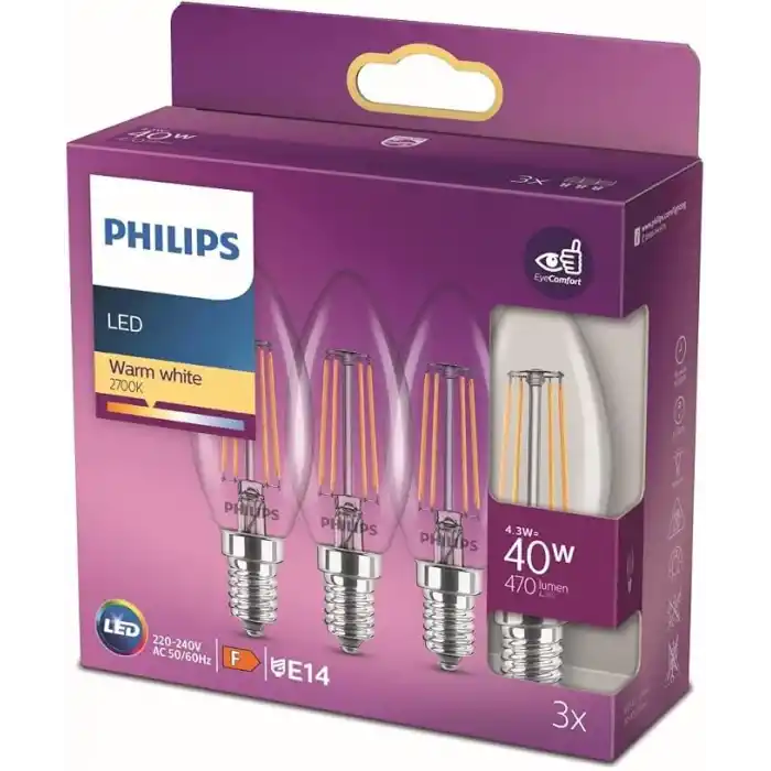 Philips LED Classic 40W B35 Led Mum Filament Ampul, 2700K Sarı Işık, E14 İnce Duy, Dim Edilmez, 3lü Ekopaket