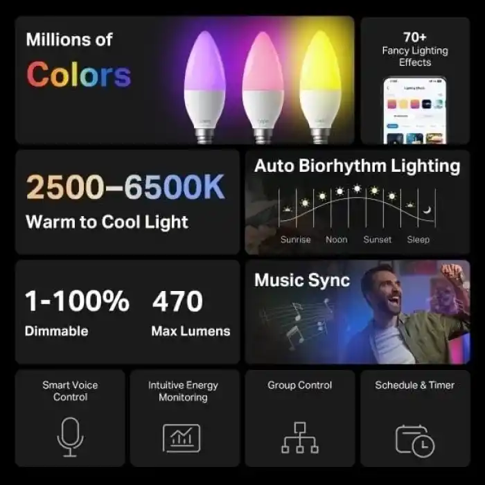 TP-Link Tapo L430C | Çok Renkli Akıllı Mum Ampul | 16 Milyon Renk ve Ayarlanabilir Beyaz | Müzik Senkronizasyonu |%1 Ultra Düşük Parlaklık | Wi-Fi Akıllı Aydınlatma | Enerji İzleme | Hub Gerekmez