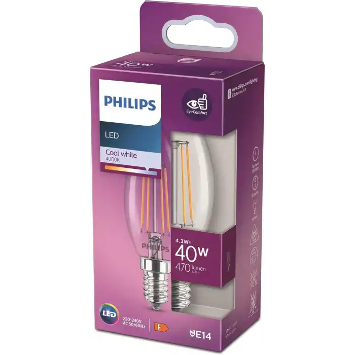 Philips LED classic 40W B35 E14 Mum Tipi Beyaz Işık Dim Edilmez Filament LED Ampul