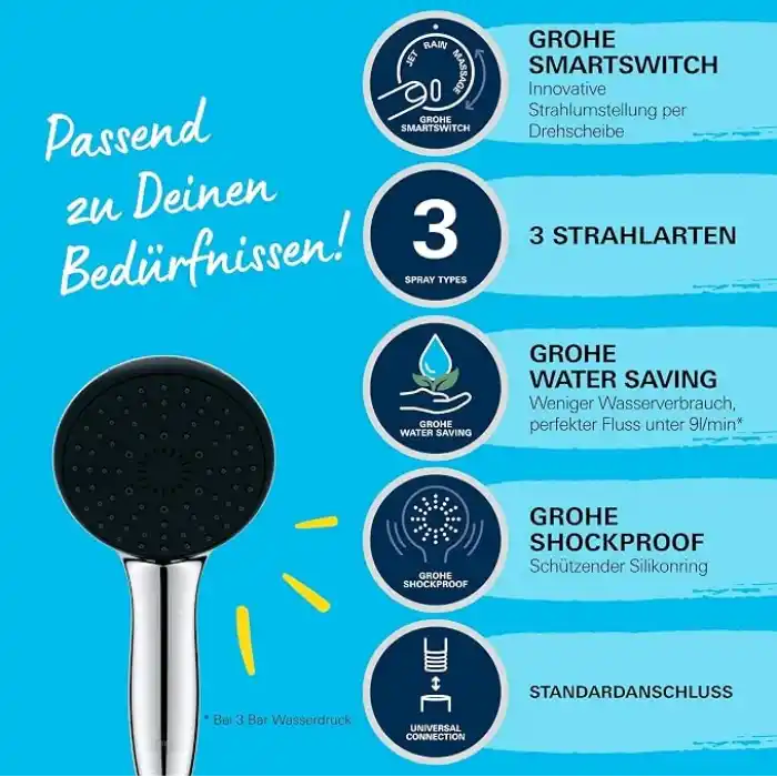 GROHE Vitalio Start 110 El Duşu, 3 Akışlı (Masaj, Yağmur & Jet), SmartSwitch, 110mm Yuvarlak Duş Başlığı, Silikon Halka, Kireç Önleyici Sistem, Krom, 26031001