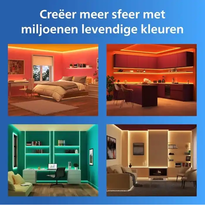Philips Smart Lighting RGB-LED şerit, 5 m, Tip C, 16 milyon renk, ön ayar. Işık modları, kesilebilir, giriş. Kurulum, WiZ, Google Home, Alexa, Apple Home ile uyumlu, WLAN ile uyumlu