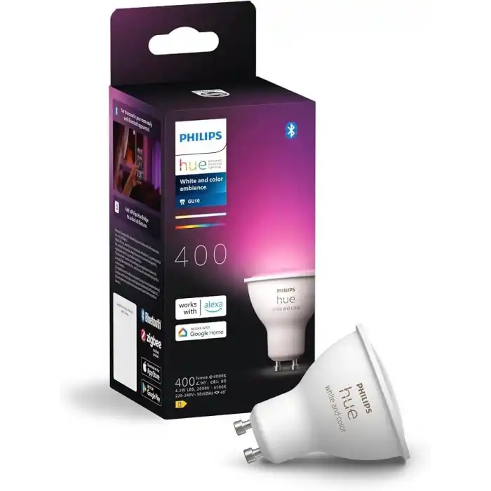 Philips Hue 4.2W Renkli Akıllı Spot Ampul GU10 Bluetooth uyumlu, Alexa, Apple Home ve Google Assistant ile sesli kontrol - 25.000 Saat Ampul Kullanım Ömrü