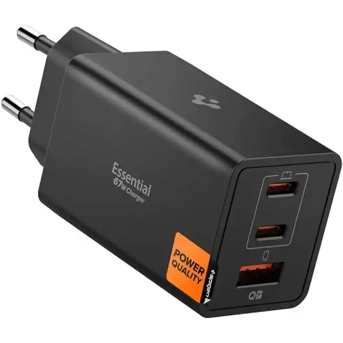 Spigen 67W USB-C + USB-A 3 Port Hızlı Şarj Aleti PPS 3.0 Super Hızlı Şarj GaN Pro Isı Düşürücü Güç Adaptörü Akım Koruma iPhone & Android & iPad & MacBook Type-C Black - ACH09458