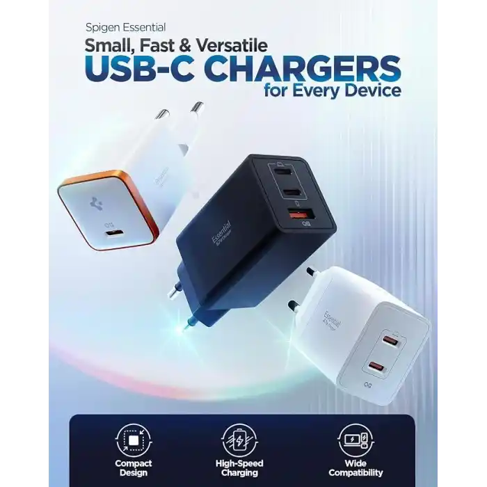 Spigen 67W USB-C + USB-A 3 Port Hızlı Şarj Aleti PPS 3.0 Super Hızlı Şarj GaN Pro Isı Düşürücü Güç Adaptörü Akım Koruma iPhone & Android & iPad & MacBook Type-C Black - ACH09458