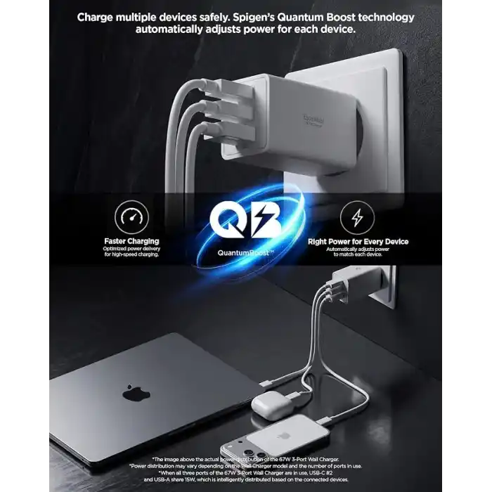 Spigen 67W USB-C + USB-A 3 Port Hızlı Şarj Aleti PPS 3.0 Super Hızlı Şarj GaN Pro Isı Düşürücü Güç Adaptörü Akım Koruma iPhone & Android & iPad & MacBook Type-C Black - ACH09458