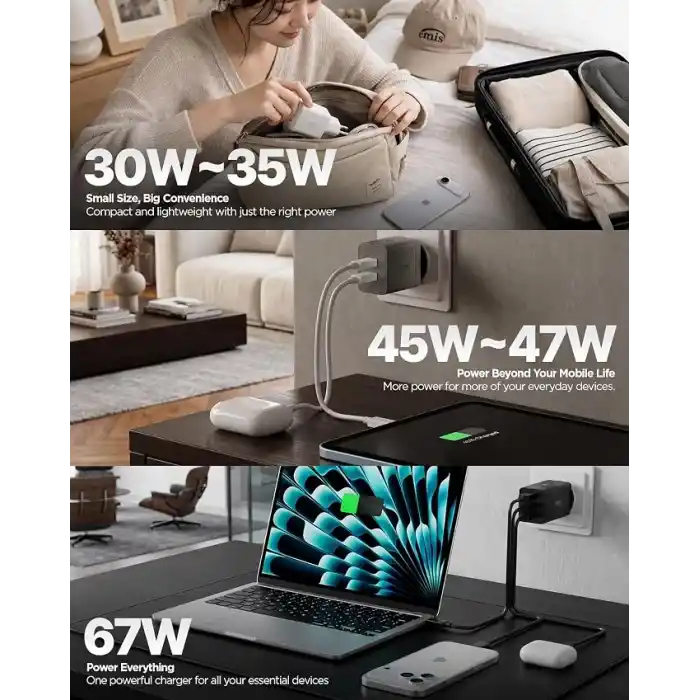 Spigen 30W USB-C Ultra Mini Hızlı Şarj Aleti PPS Super Hızlı Şarj GaN Pro Isı Düşürücü Güç Adaptörü Akım Koruma iPhone & Android & iPad & MacBook Type-C Black - ACH08448