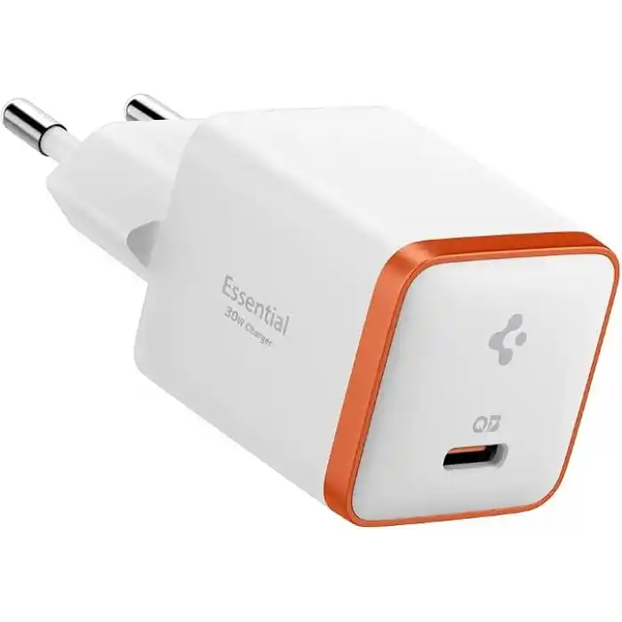 Spigen 30W USB-C Ultra Mini Hızlı Şarj Aleti PPS Super Hızlı Şarj GaN Pro Isı Düşürücü Güç Adaptörü Akım Koruma iPhone & Android & iPad & MacBook Type-C White - ACH08449