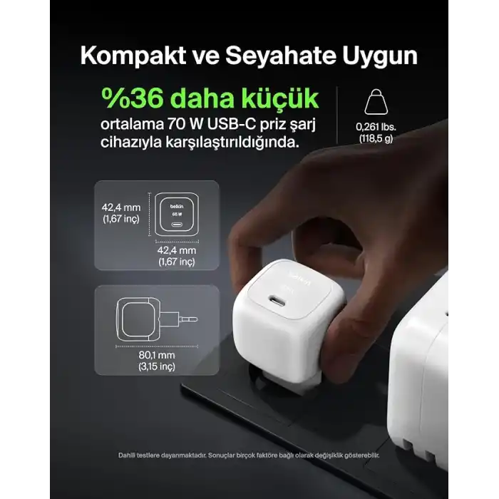 Belkin USB-C Duvar Şarj Cihazı, 65W, Hızlı Şarj Bloku, Tip C Telefon Şarj Cihazı, Apple iPhone 16/15/14/13, Galaxy S25, Google Pixel 9, MacBook, iPad, AirPods, Chromebook ve Daha Fazlası - Beyaz