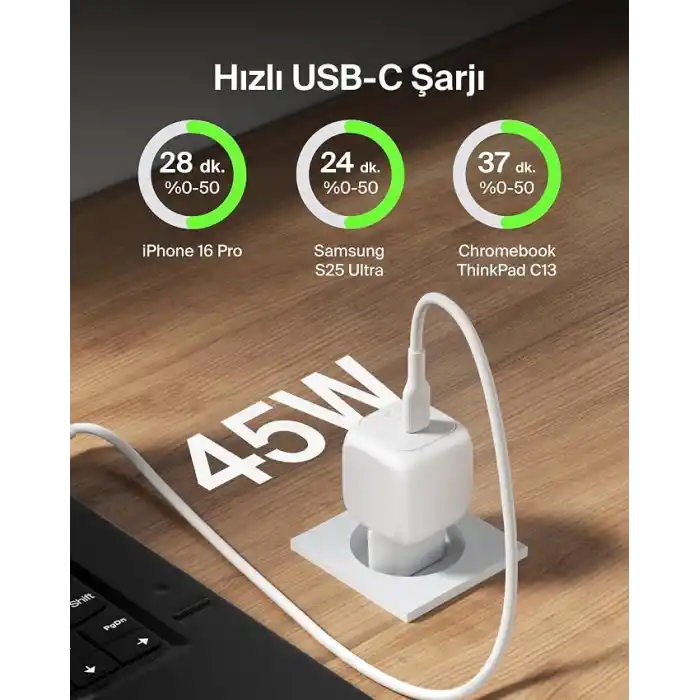 Belkin Kompakt Duvar Şarj Cihazı 45 W + USB-C - USB-C Kablosu, Apple iPhone 17, 16, 15, 14, Plus, Pro, Pro Max, Samsung Galaxy S25 Serisi, S24, Pixel 9, iPad, AirPods ve Fazlası için Hızlı Şarj, Beyaz