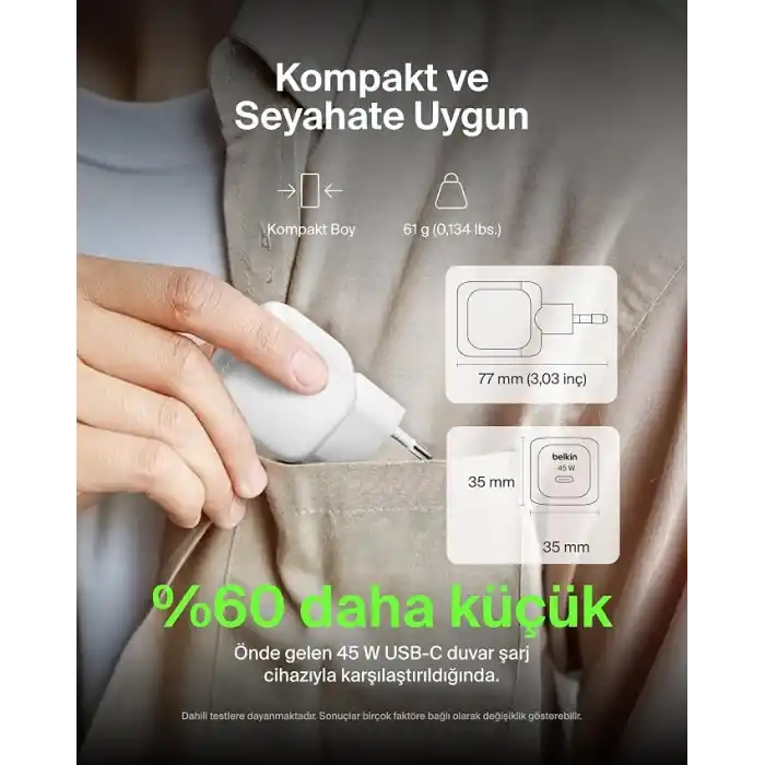 Belkin Kompakt Duvar Şarj Cihazı 45 W + USB-C - USB-C Kablosu, Apple iPhone 17, 16, 15, 14, Plus, Pro, Pro Max, Samsung Galaxy S25 Serisi, S24, Pixel 9, iPad, AirPods ve Fazlası için Hızlı Şarj, Beyaz