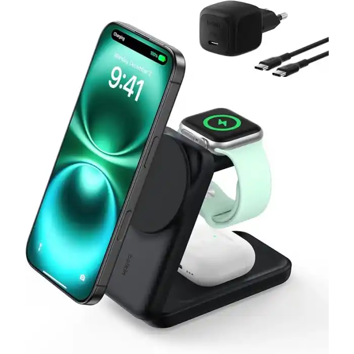 Belkin UltraCharge MagSafe Uyumlu 3’ü 1 Arada Qi2 25W Kablosuz Şarj Cihazı, iPhone 17, Apple Watch, AirPods, Pixelsnap, Dönüştürülebilir Masaüstü Standı, 45W Adaptör, Siyah