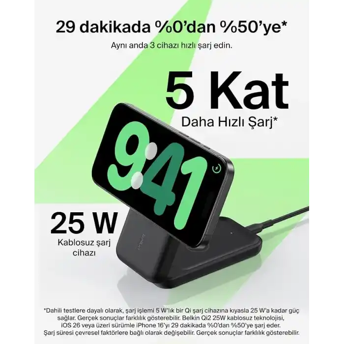 Belkin UltraCharge MagSafe Uyumlu 3’ü 1 Arada Qi2 25W Kablosuz Şarj Cihazı, iPhone 17, Apple Watch, AirPods, Pixelsnap, Dönüştürülebilir Masaüstü Standı, 45W Adaptör, Siyah